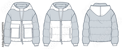 Hooded Fur Jacket technical fashion Illustration. Down Jacket, Outerwear fashion flat technical drawing template, zip-up, pocket, front and back view, white, women, men, unisex CAD mockup set.