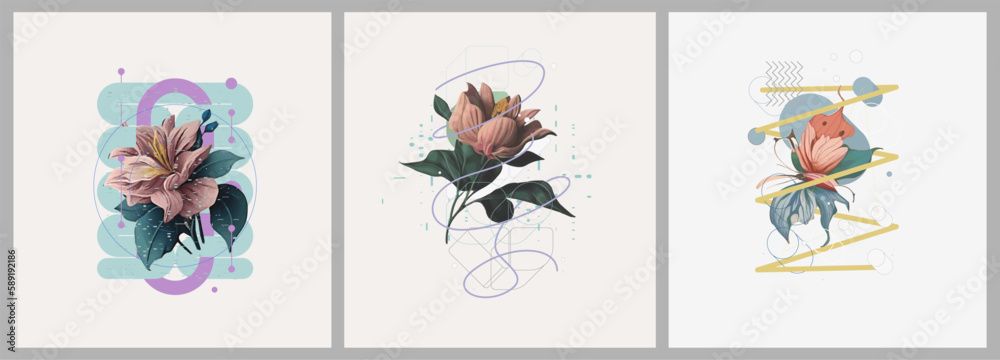 Abstract minimalist Art. Mixed style, geometric shapes and plants. Flowers, leaves. Set of vector paintings. Bauhaus. Backgrounds for poster, banner, print.