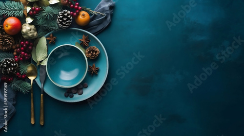Christmas table place setting on blue background. Generative AI.
