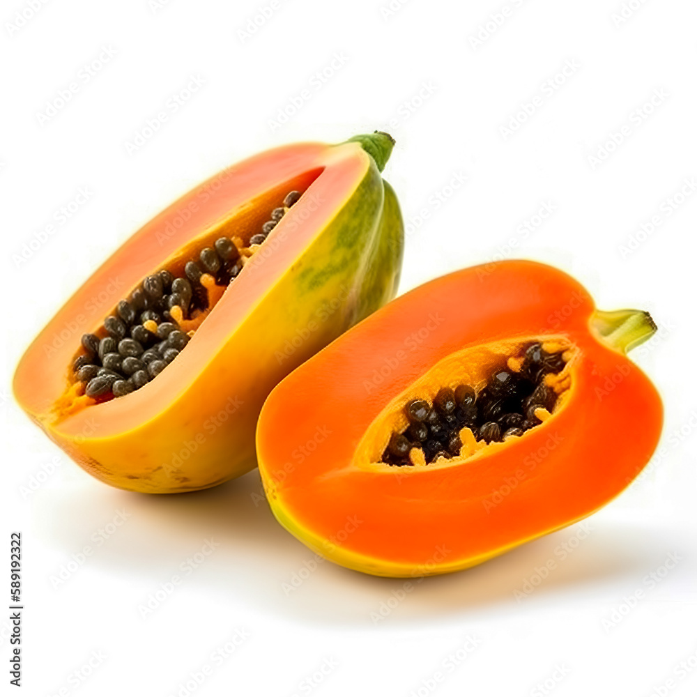 ripe slice papaya with leaf isolated on white background. Generative AI ripe slice papaya with leaf isolated on white background. Generative AI