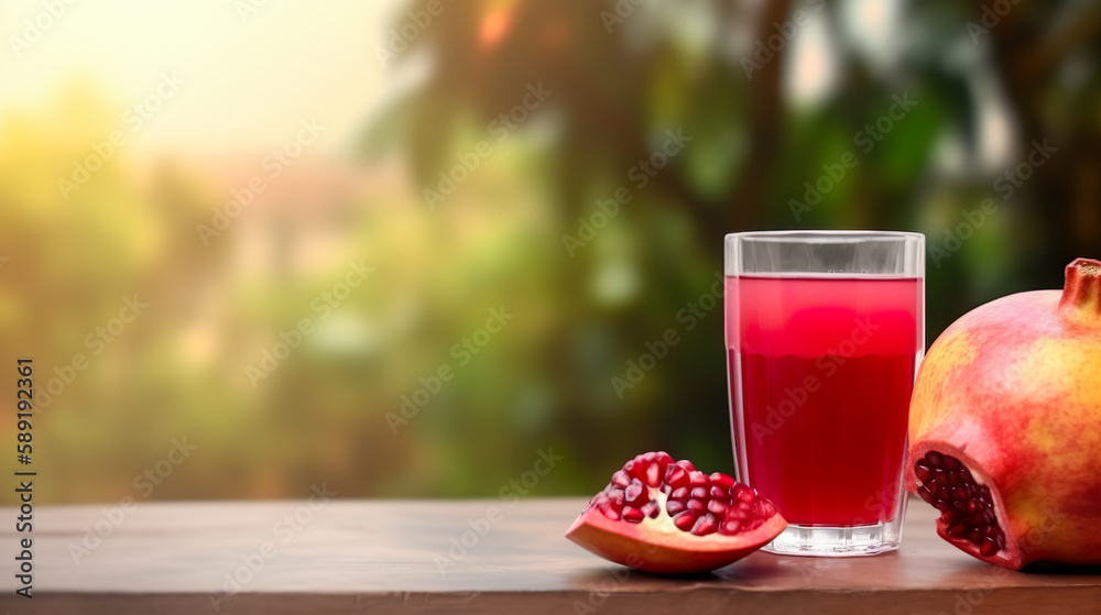 Pomegranate juice with fresh fruits on wooden table with pomegranate plant background. Generative AI Pomegranate juice with fresh fruits on wooden table with pomegranate plant background. Generative AI