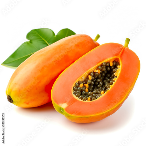 ripe slice papaya with leaf isolated on white background. Generative AI