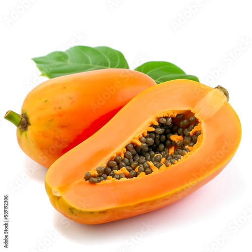 ripe slice papaya with leaf isolated on white background. Generative AI