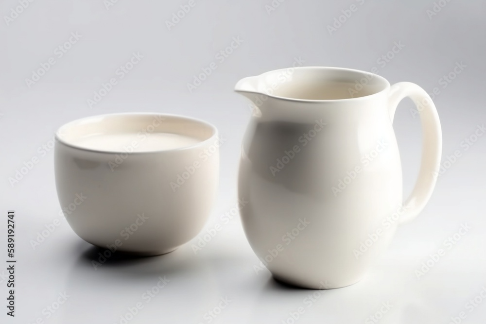 Cup of milk for breakfast, with white porcelain jug on a white background. Generative AI
