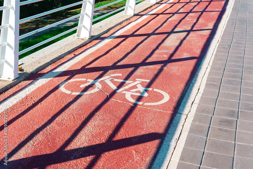dedicated lane for cyclists in the city in the evening on a sunny day