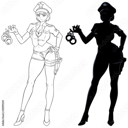 Anime Police Officer Line Art and Silhouette