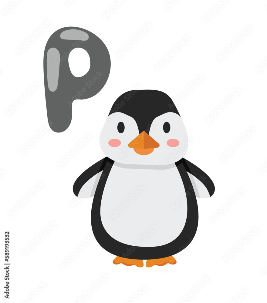 Fototapeta premium Concept Alphabet P penguin. This illustration features a flat and colorful cartoon design of a cute penguin with the letter 