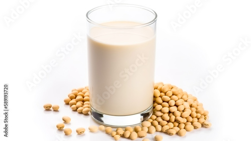 Soy milk in glass isolated on white background. Generative AI