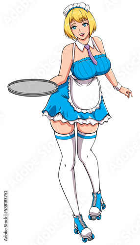 Anime Waitress Girl on White