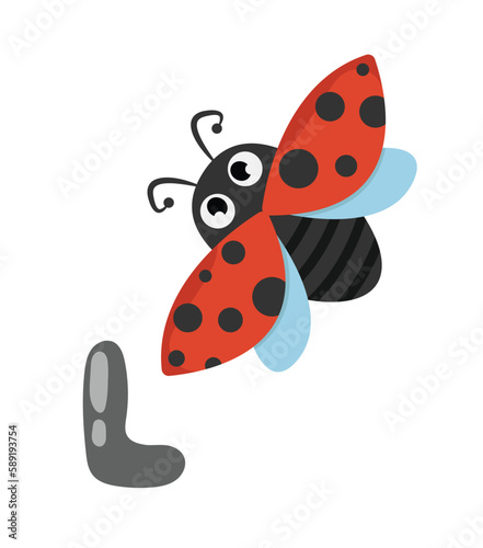 Concept Alphabet L ladybug. This illustration features a flat  vector  cartoon-style design of a ladybug  with the letter L prominently displayed in the background. Vector illustration.