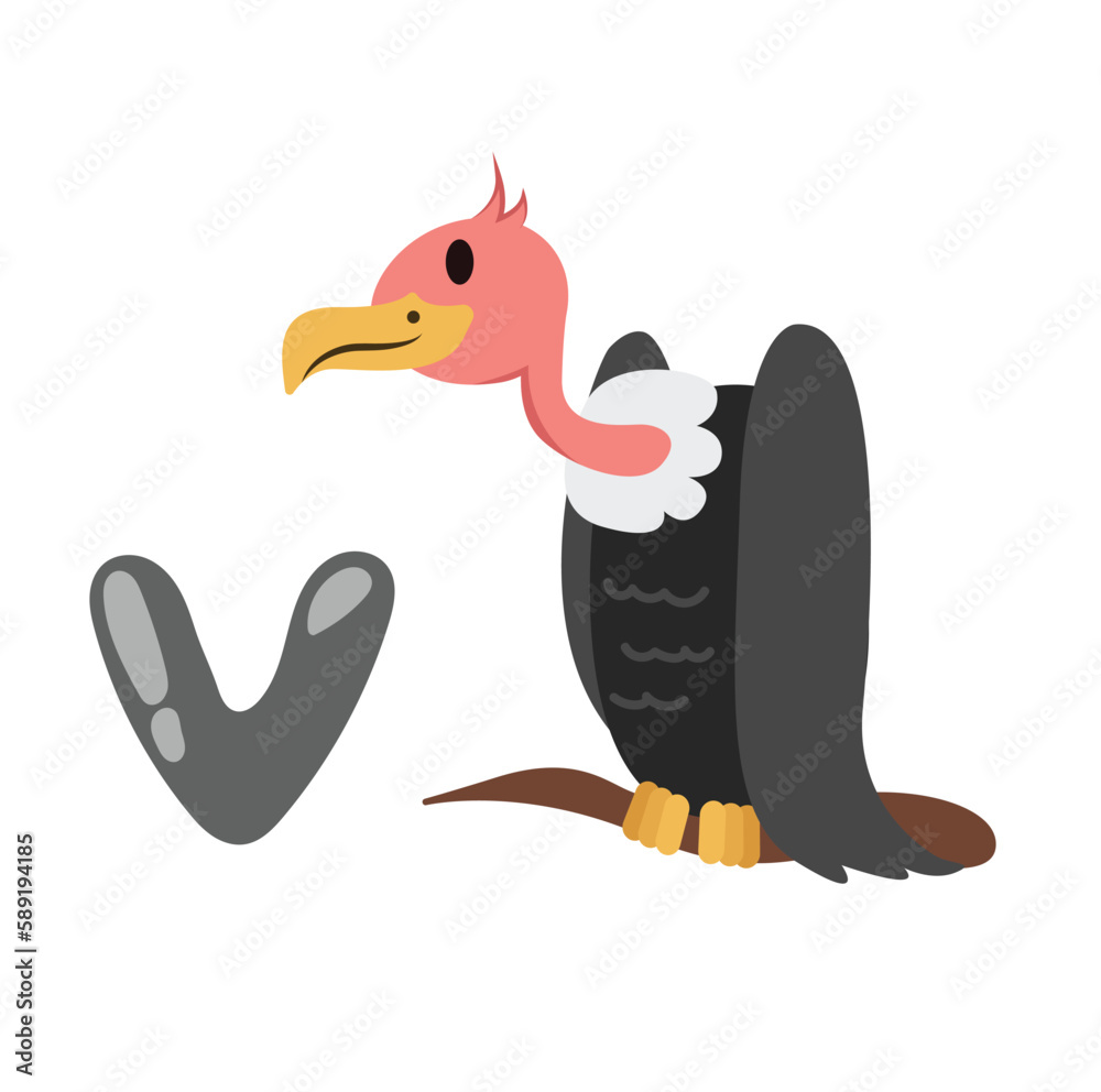 Concept Alphabet V vulture bird. This illustration is a flat vector cartoon design featuring the letter V of the alphabet and a vulture bird. Vector illustration. Concept Alphabet V vulture bird. This illustration is a flat vector cartoon design featuring the letter V of the alphabet and a vulture bird. Vector illustration.
