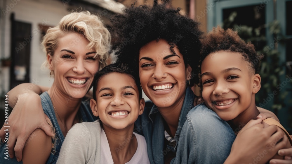 Fototapeta premium An image of a loving LGBT family, with two lesbian parents and their children, smiling and embracing each other, against a warm and welcoming background. Generative AI