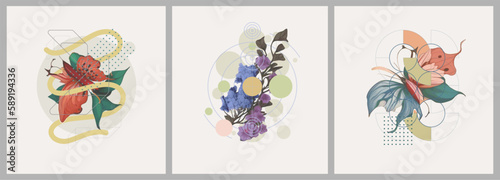 Abstract minimalist Art. Mixed style, geometric shapes and plants. Flowers, leaves. Set of vector paintings. Bauhaus. Backgrounds for poster, banner, print.