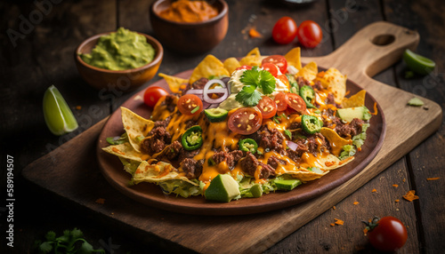cheese nachos chips with beef, melted cheese, generative ai