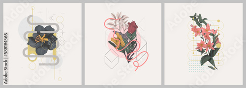 Abstract minimalist Art. Mixed style, geometric shapes and plants. Flowers, leaves. Set of vector paintings. Bauhaus. Backgrounds for poster, banner, print.