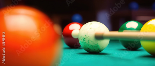 Billiard balls, cue stick and green tablecloth, Generative AI.
