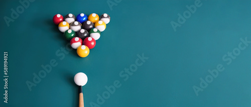 Billiard balls, cue stick and green tablecloth, Generative AI.
