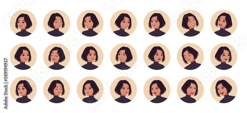 Business woman, attractive brunette lady avatar, office manager portrait set employee bundle. Different emotions face icons, character pic. Vector flat style cartoon circle isolated, white background