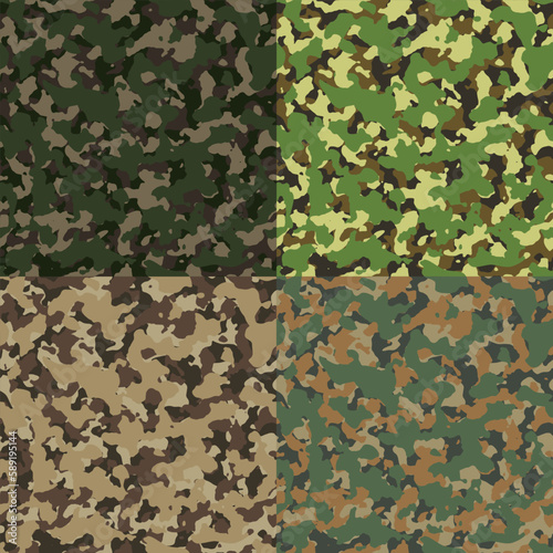 Seamless pattern of green military camouflage. Forest texture camo. Abstract army and hunting camouflage ornament. Vector illustration for web design and clothes.