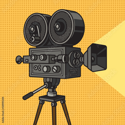 old cinema camera pinup pop art retro vector illustration. Comic book style imitation.