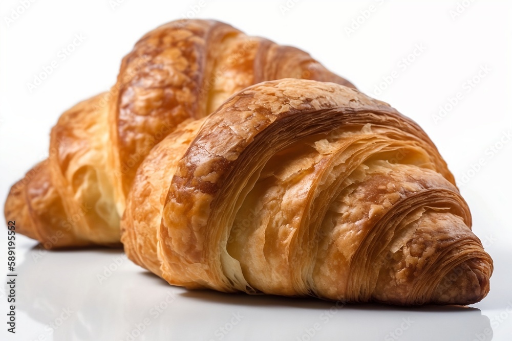 Fresh golden crumbly croissant on white background.Generative AI