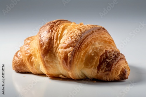 Fresh golden crumbly croissant on white gray background. Generative AI