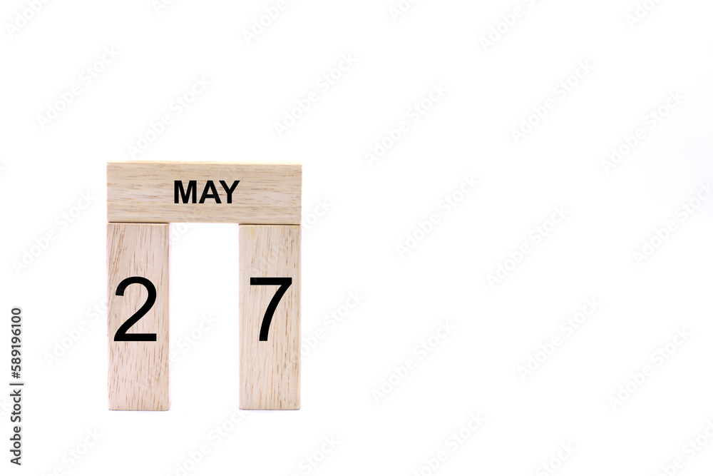 May 27 displayed wooden letter blocks on white background with space for print. Concept for calendar, reminder, date. May 27 displayed wooden letter blocks on white background with space for print. Concept for calendar, reminder, date.