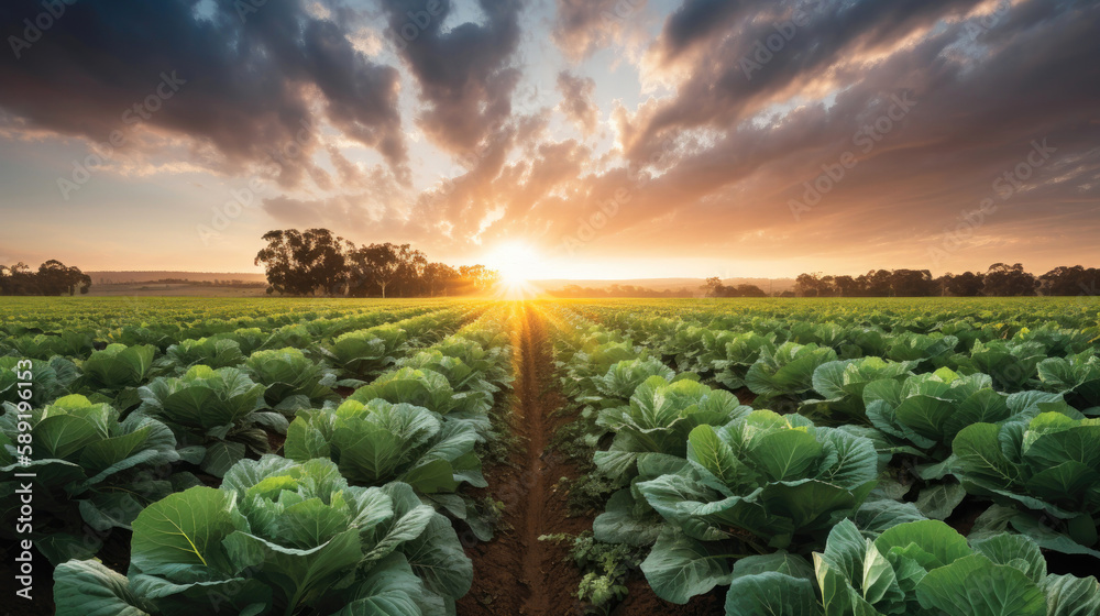 Fototapeta premium Young cabbage grows in the farmer field. Generative AI