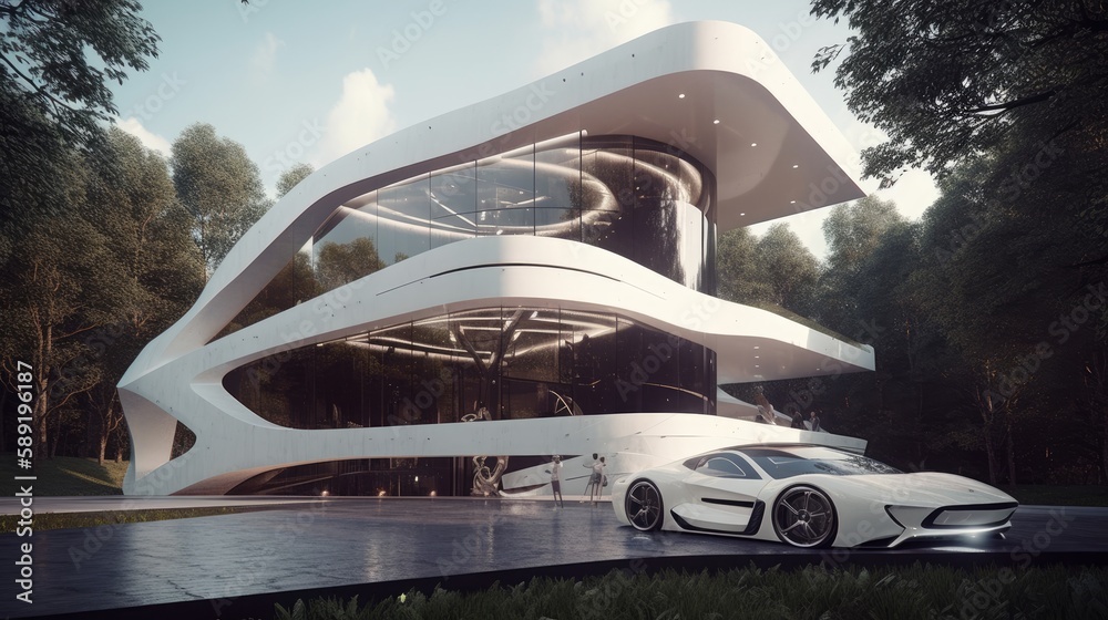Experience Ultimate Luxury in Impressive Bionic House with Sleek Bright-Light Supercars for Outdoor Adventures, Generative AI