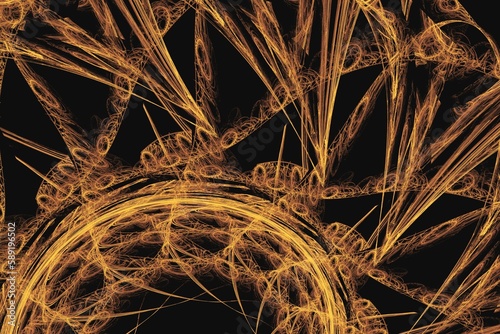 Orange pattern of crooked waves on a black background. Abstract fractal 3D rendering