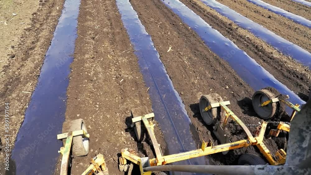 Tractor with Raised Bed Mulch Layer Attachment Working in a Field. Tractor in the Same Pass