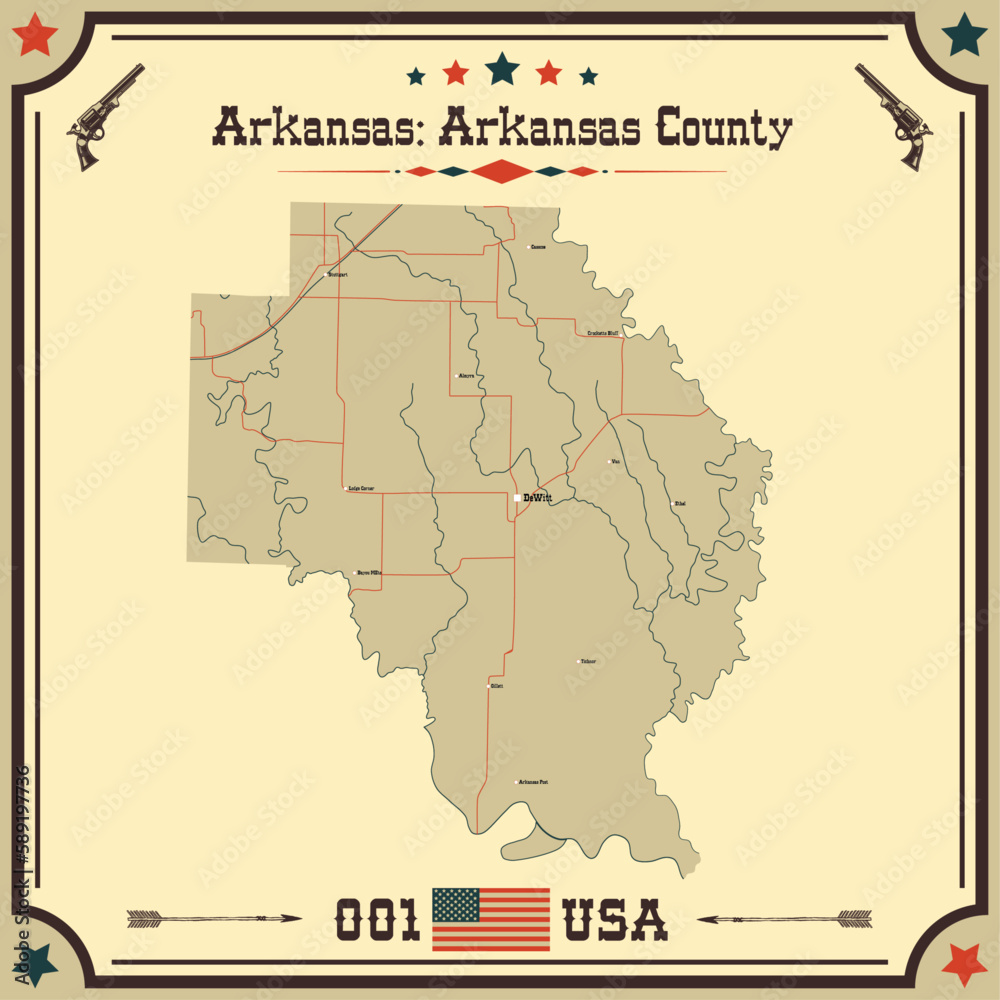 Fototapeta premium Large and accurate map of Arkansas County, Arkansas, USA with vintage colors.