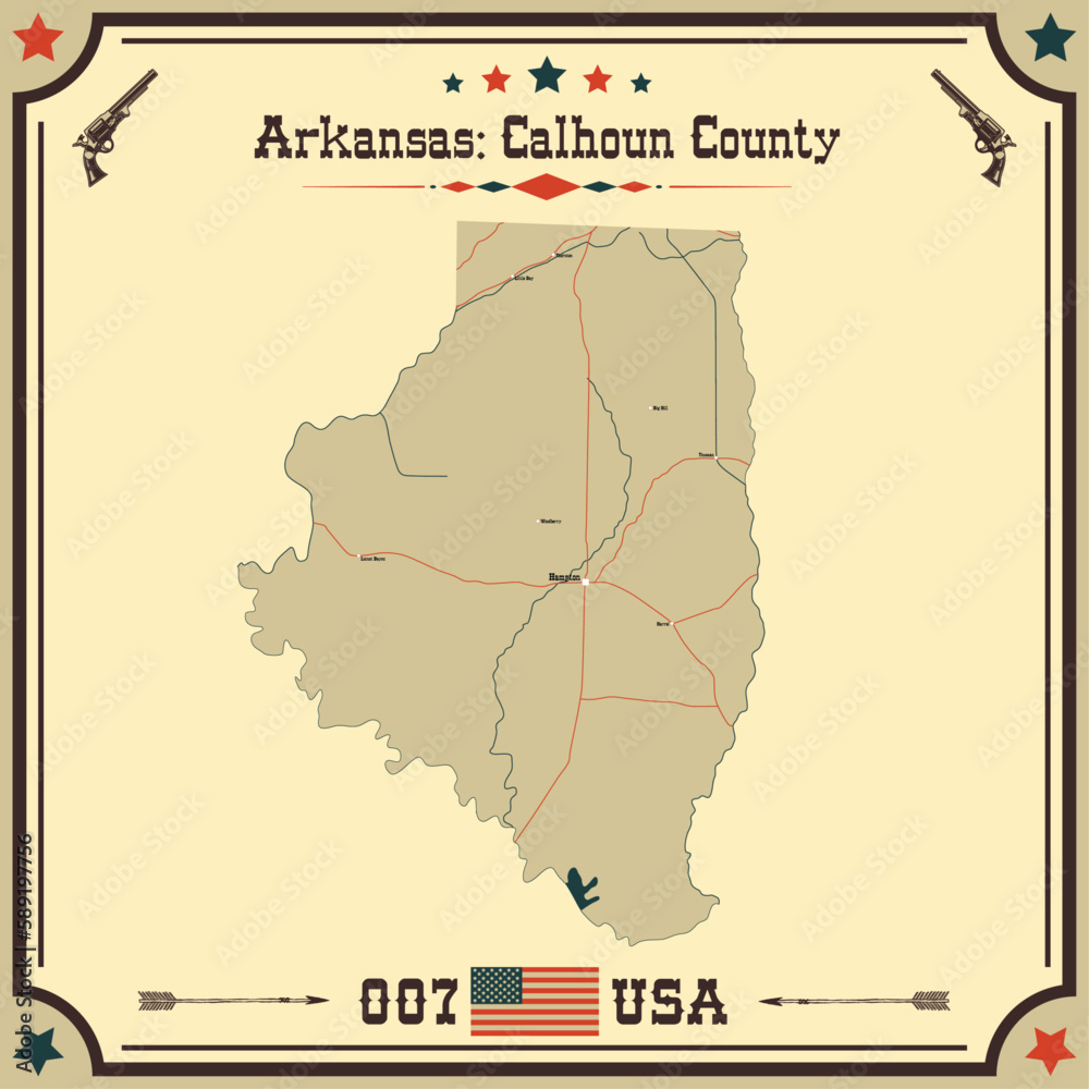 Large and accurate map of Calhoun County, Arkansas, USA with vintage