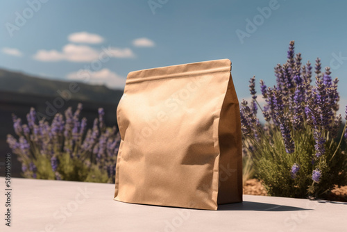 front view kraft paper pouch mockup on the table in garden doypack