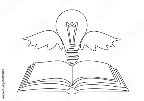 One single line drawing of shining light bulb with wings above open text book logo identity. continuous line draw design graphic vector illustration