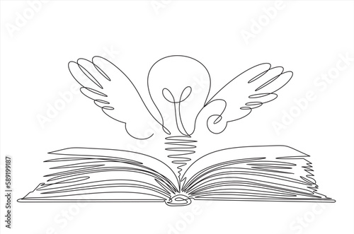 One single line drawing of shining light bulb with wings above open text book logo identity. continuous line draw design graphic vector illustration