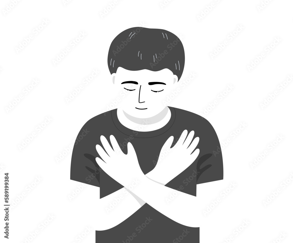 Isolated of a child boy doing butterfly Hug or hug of self love, mental health concept. flat vector illustration. Isolated of a child boy doing butterfly Hug or hug of self love, mental health concept. flat vector illustration.