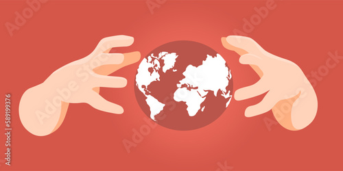 Hands holding earth on red background, flat vector illustration.