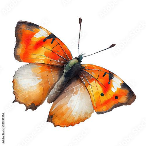 Sleepy orange  buterfly. Watercolor with transparent background. Generative AI
