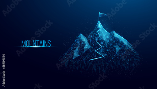 Mountains with flag on the top. Mountain path. Success business startup, innovation, growth, travel, freedom concept. Polygonal wireframe vector illustration