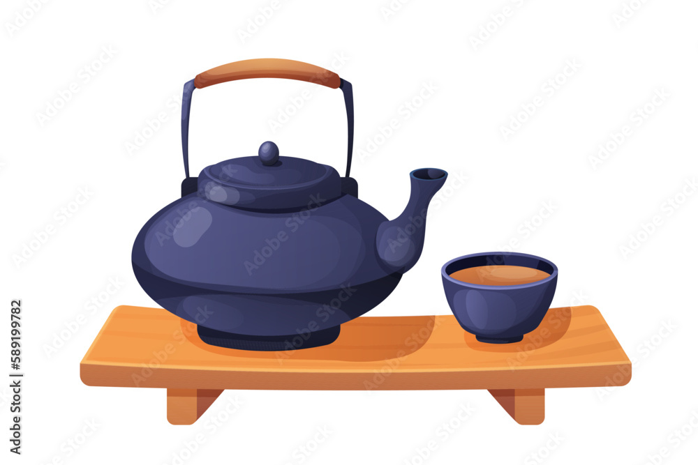Traditional Japanese kettle or teapot with cups on wooden table, tea ceremony in cartoon style isolated on white background Traditional Japanese kettle or teapot with cups on wooden table, tea ceremony in cartoon style isolated on white background