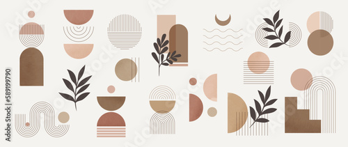 Hand drawn abstract minimal element mid century vector set. Aesthetic contemporary stripe line art, watercolor geometric shapes in earth tone. Art form design for wall art, decoration, wallpaper.