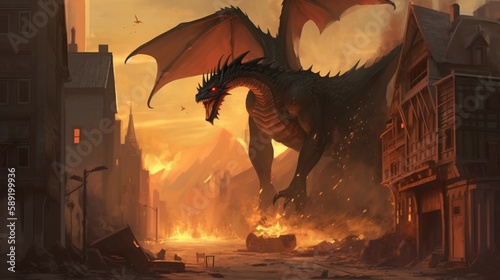 Large Dragon attacking a village, street in flames (ai generated)