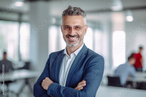 Business man with glasses and beard stands in modern office and smiles - theme profit, turnover, success or career - Generative AI