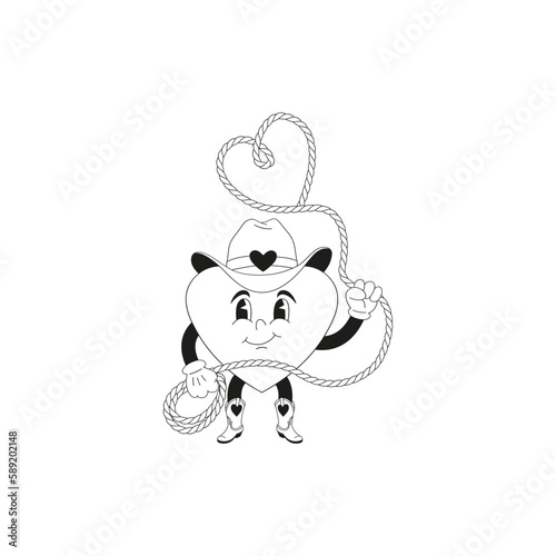 Howdy Valentines Day Funny cowboy with heart-shaped lasso cartoon heart character vector illustration isolated on white. Wild west linear colouring page hearts print for 14 February holiday. 