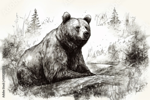 Hand drawn bear in his natural habitat. Ink illustration. Generative AI