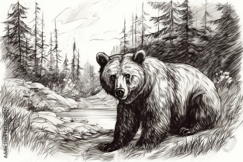 Hand drawn bear in his natural habitat. Ink illustration. Generative AI