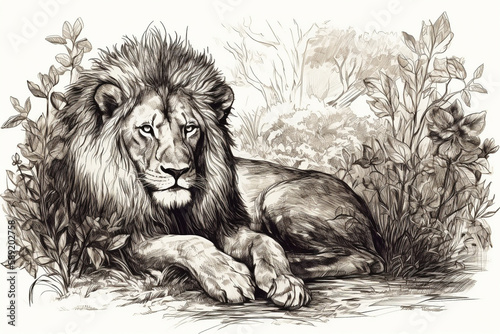 Hand drawn lion in his natural habitat. Ink illustration. Generative AI