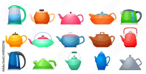 Hand -drawn vector set of cartoon multi -colored teapots of various shapes isolated on a white background.
