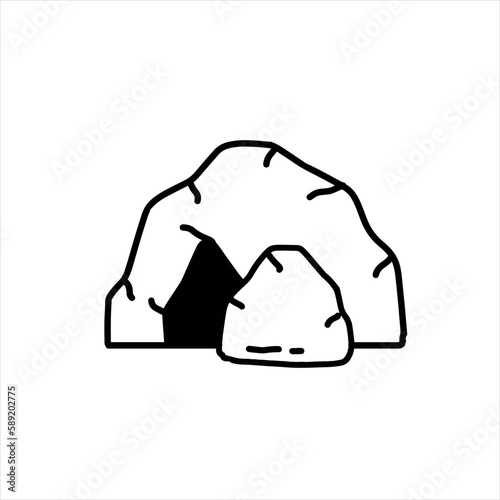Cave icon. Stone shelter. Entrance to the mountain dungeon. Black silhouette
